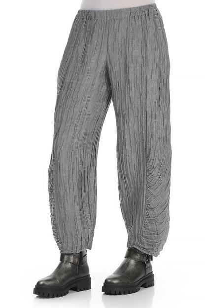 Ruched Hem Silver Crinkled Silk Linen Trousers 3