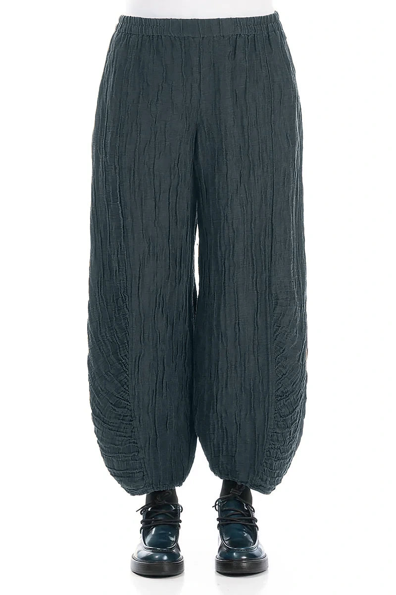 Pantalon en soie et Lin Gris ardoise froissé à ourlet froncé