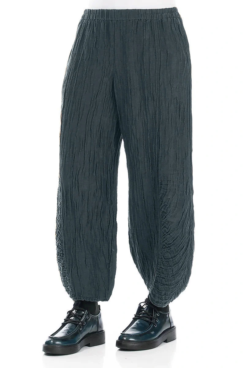 Ruched Hem Slate Crinkled Silk Linen Trousers 3
