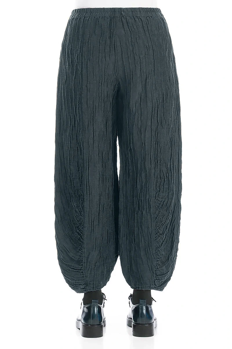 Pantalon en soie et Lin Gris ardoise froissé à ourlet froncé