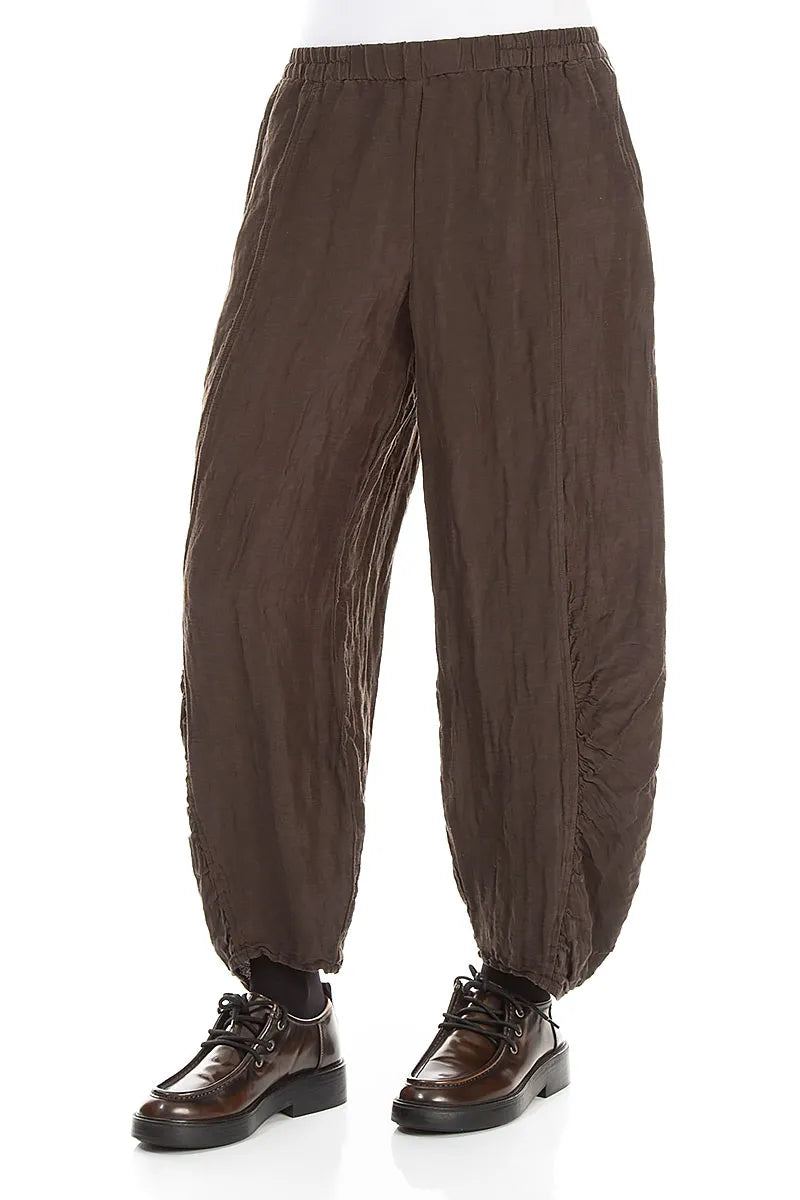 Ruched Hem Textured Forest Brown Silk Linen Trousers