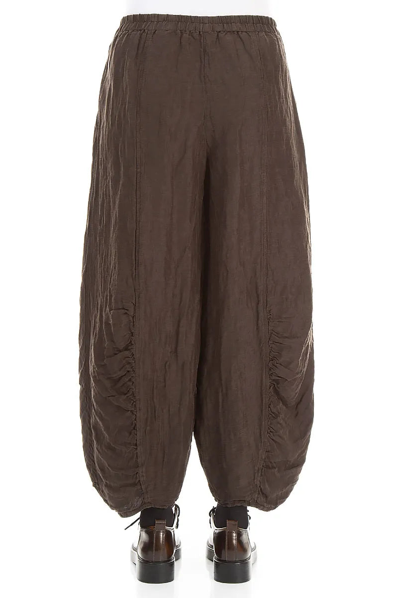 Ruched Hem Textured Forest Brown Silk Linen Trousers