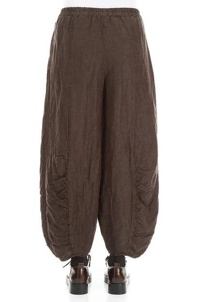 Ruched Hem Textured Forest Brown Silk Linen Trousers