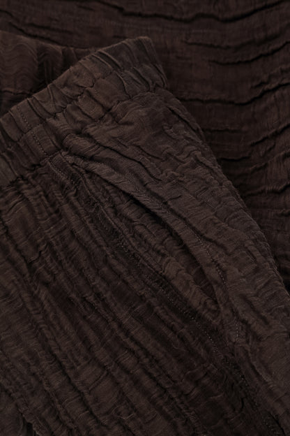 Ruched Hem Truffle Brown Crinkled Silk Linen Trousers