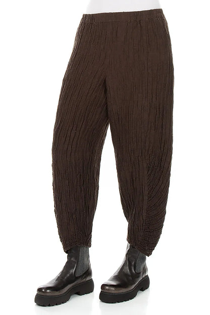 Ruched Hem Truffle Brown Crinkled Silk Linen Trousers