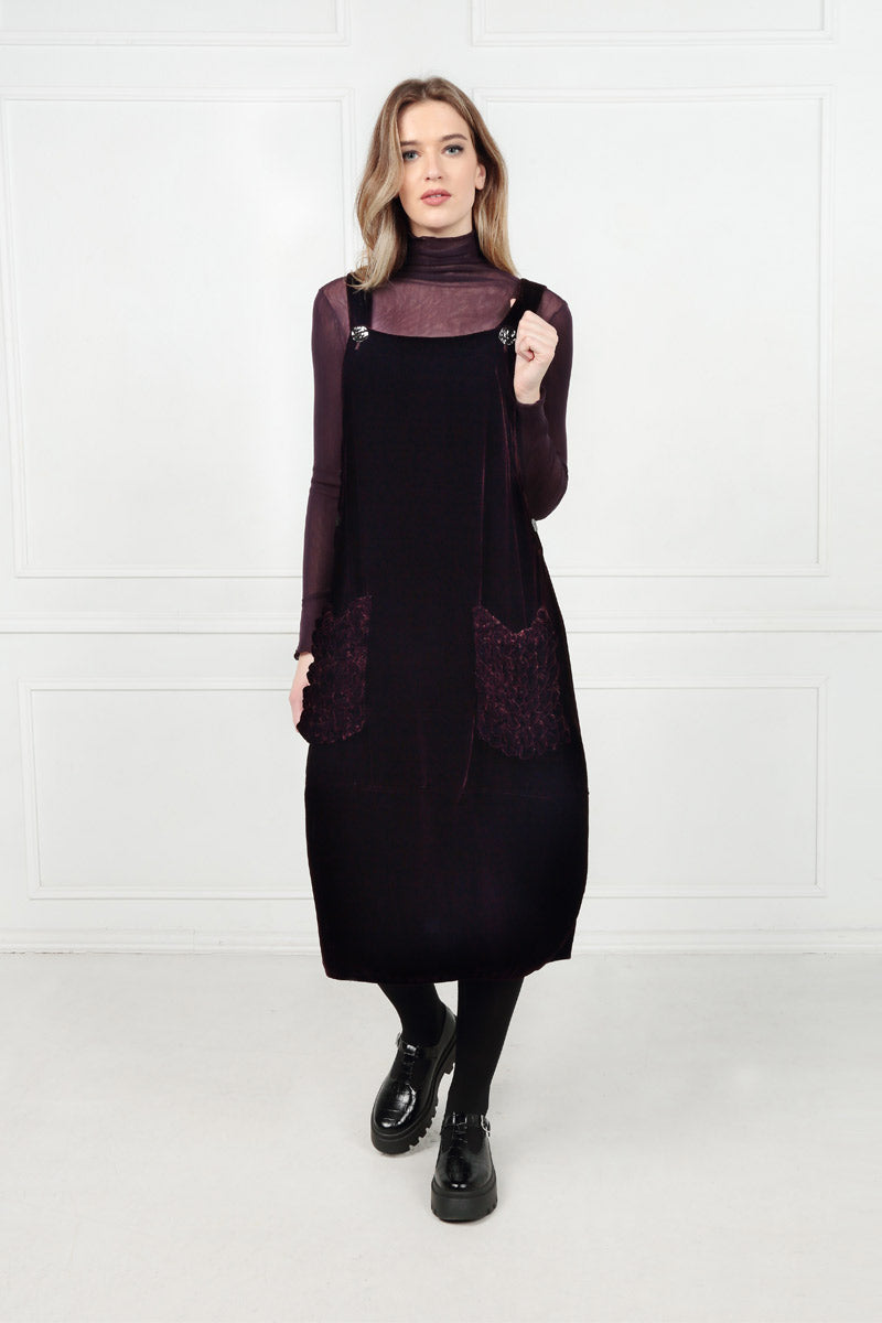 Ruched Pockets Aubergine Silk Velvet Dungaree Dress