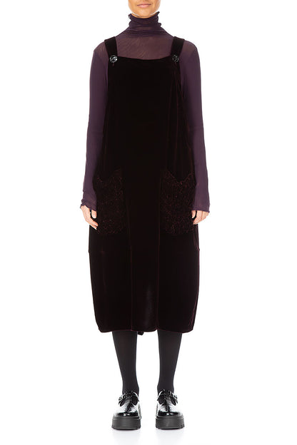 Ruched Pockets Aubergine Silk Velvet Dungaree Dress