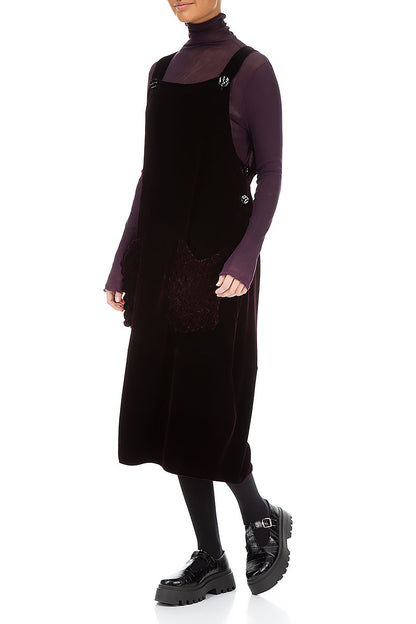 Ruched Pockets Aubergine Silk Velvet Dungaree Dress