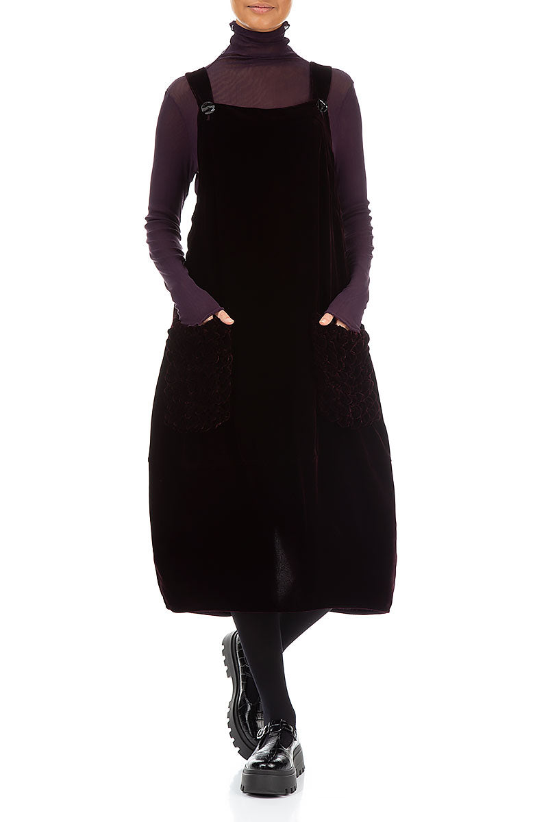 Ruched Pockets Aubergine Silk Velvet Dungaree Dress