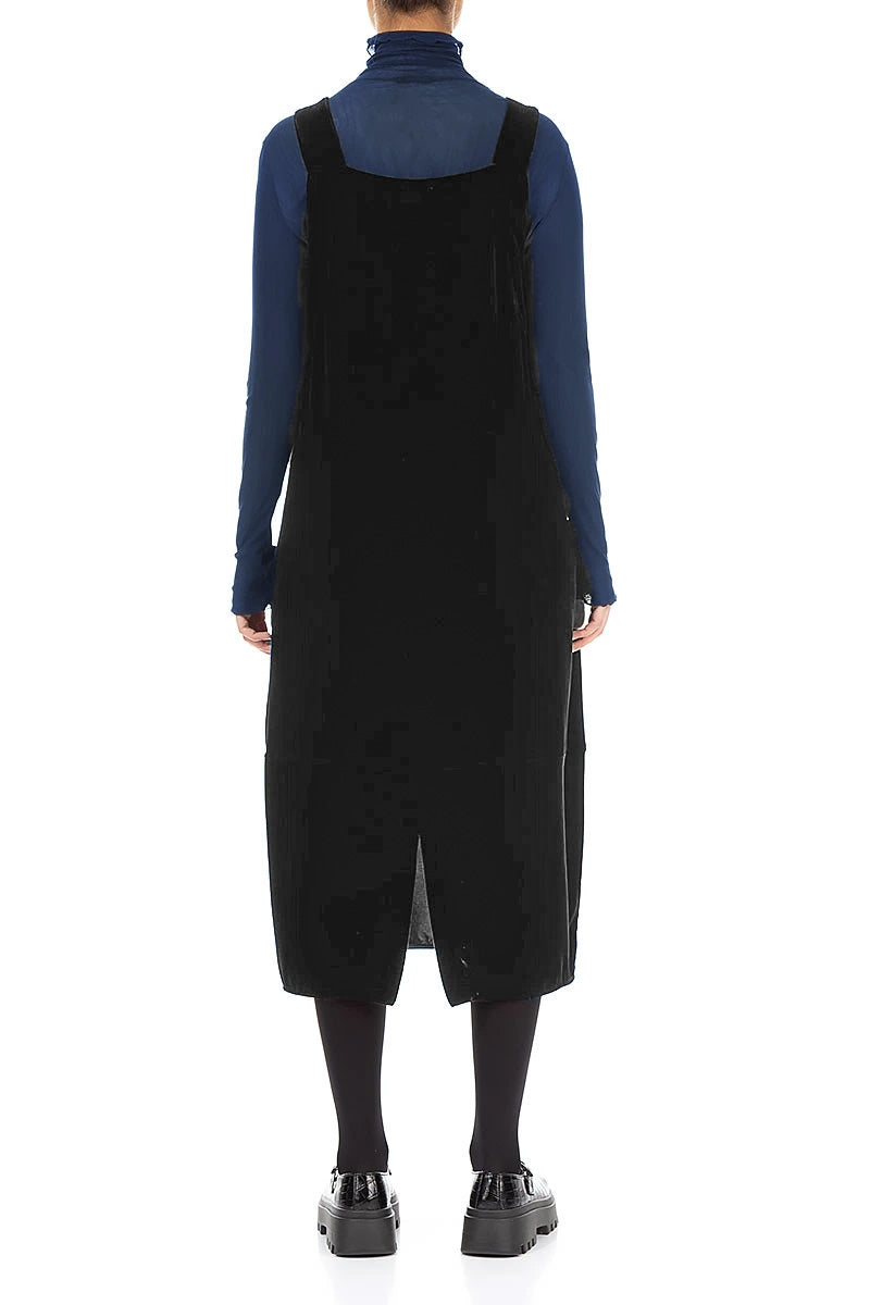 Ruched Pockets Black Silk Velvet Dungaree Dress 2