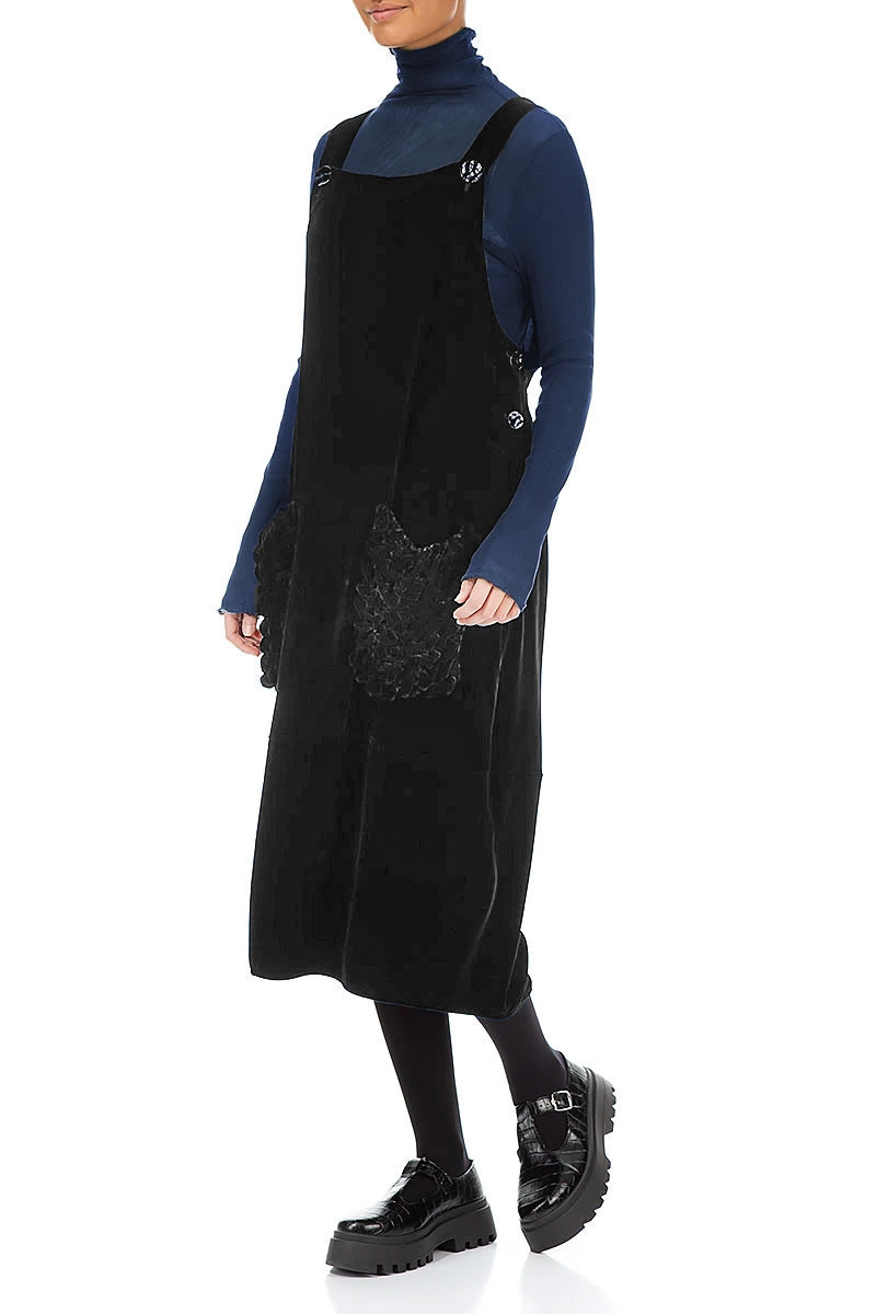 Ruched Pockets Black Silk Velvet Dungaree Dress 3
