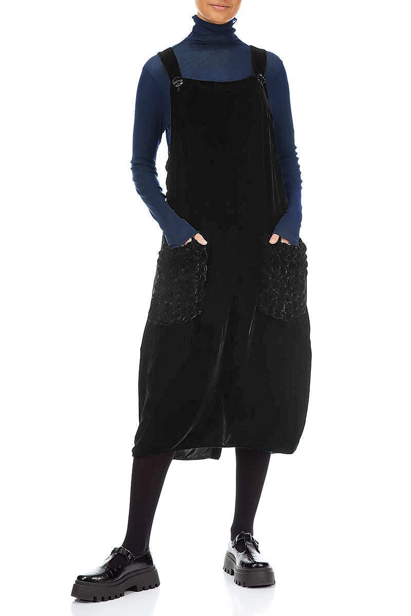 Ruched Pockets Black Silk Velvet Dungaree Dress 4