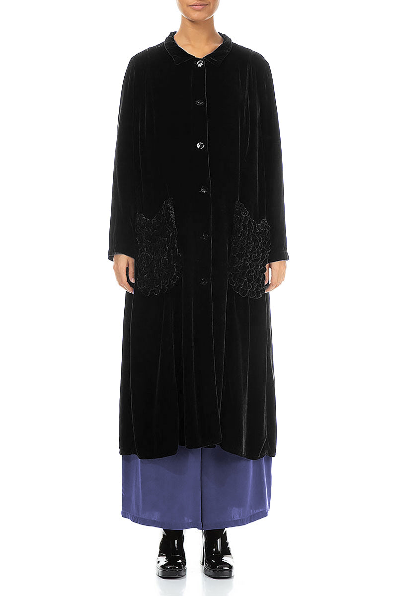 Ruched Pockets Black Silk Velvet Jacket - Coat 1