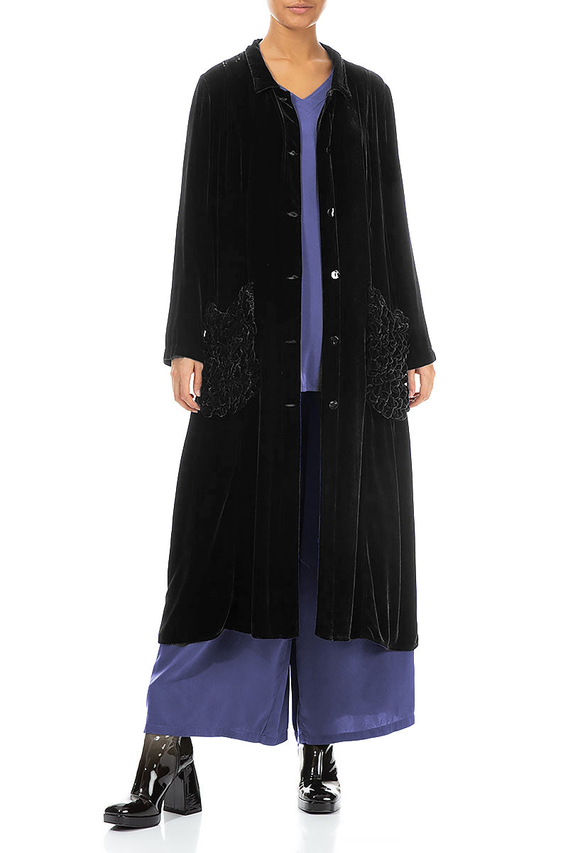 Ruched Pockets Black Silk Velvet Jacket - Coat 4