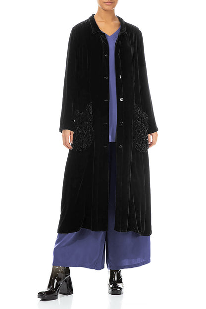 Ruched Pockets Black Silk Velvet Jacket - Coat 4