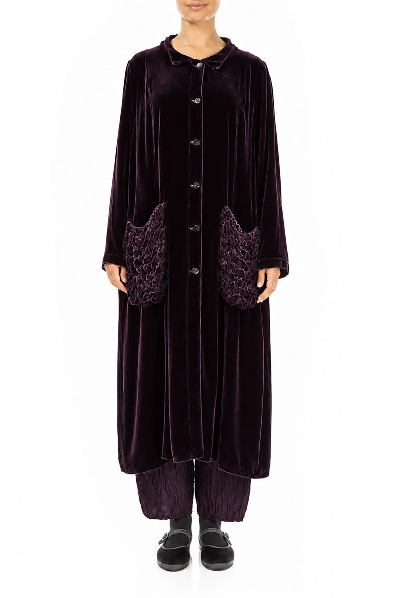 Ruched Pockets Deep Plum Silk Velvet Jacket - Coat 1