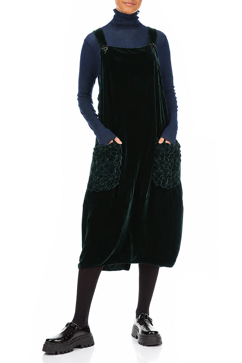 Ruched Pockets Deep Turquoise Silk Velvet Dungaree Dress 4