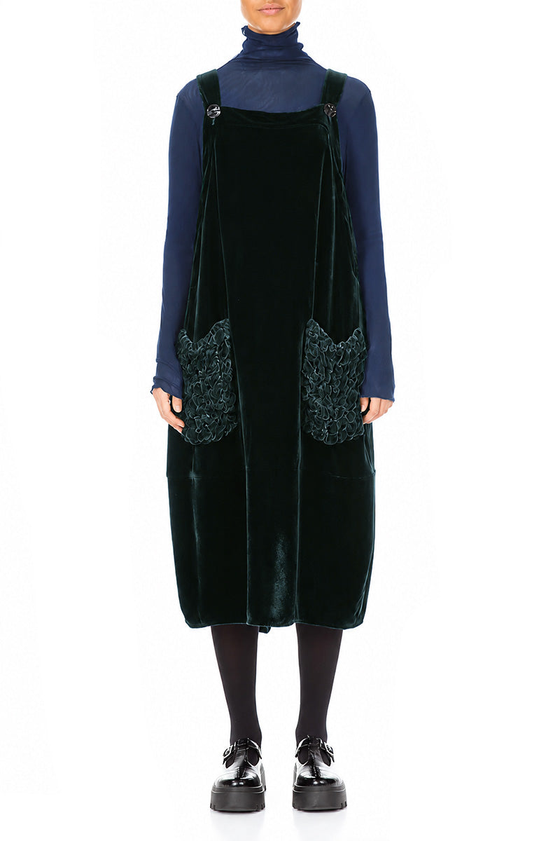 Ruched Pockets Deep Turquoise Silk Velvet Dungaree Dress 1