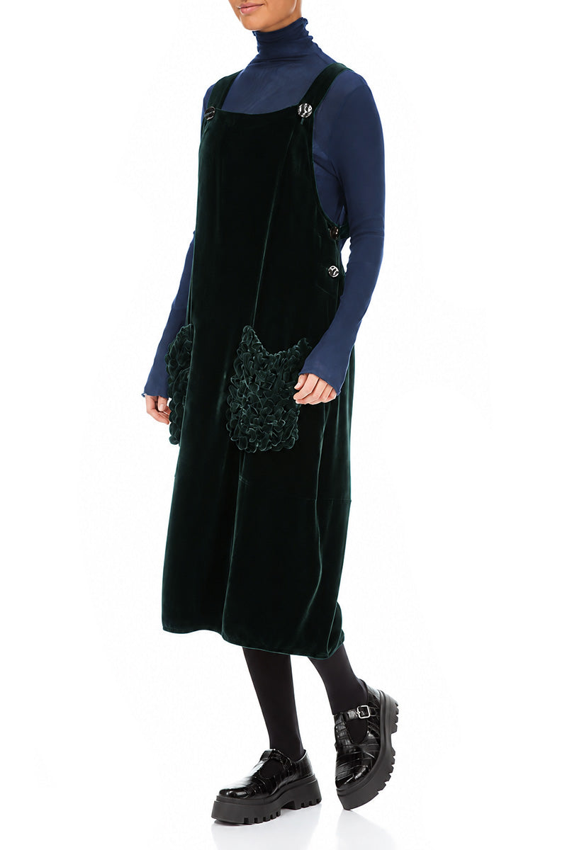Ruched Pockets Deep Turquoise Silk Velvet Dungaree Dress 3