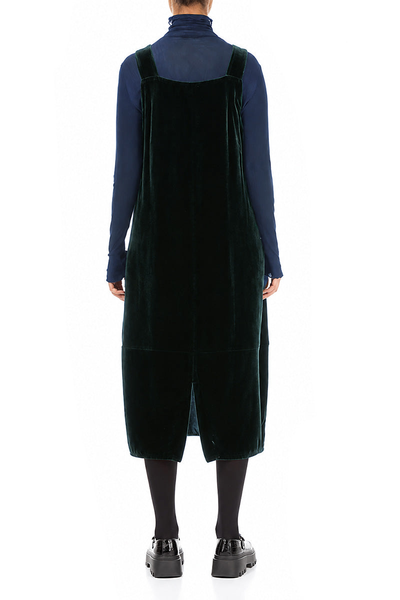 Ruched Pockets Deep Turquoise Silk Velvet Dungaree Dress 2