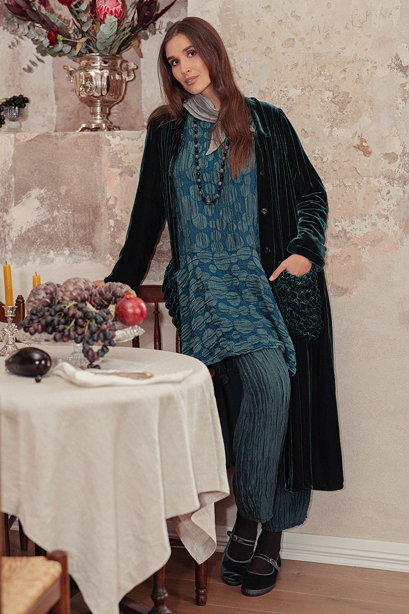 Ruched Pockets Deep Turquoise Silk Velvet Jacket - Coat