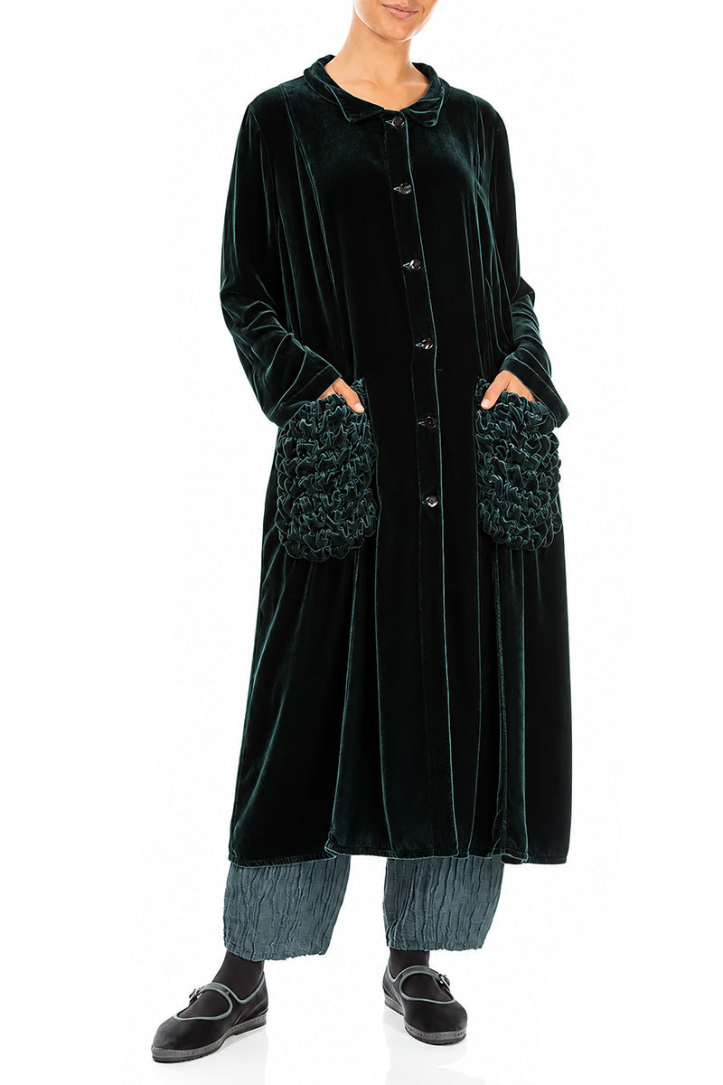 Ruched Pockets Deep Turquoise Silk Velvet Jacket - Coat