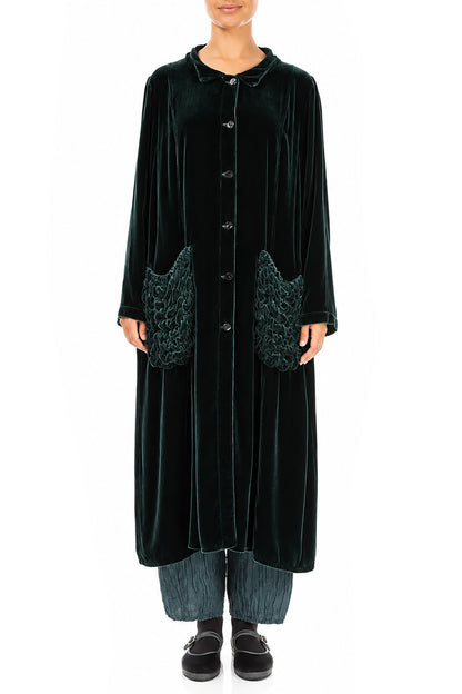 Ruched Pockets Deep Turquoise Silk Velvet Jacket - Coat