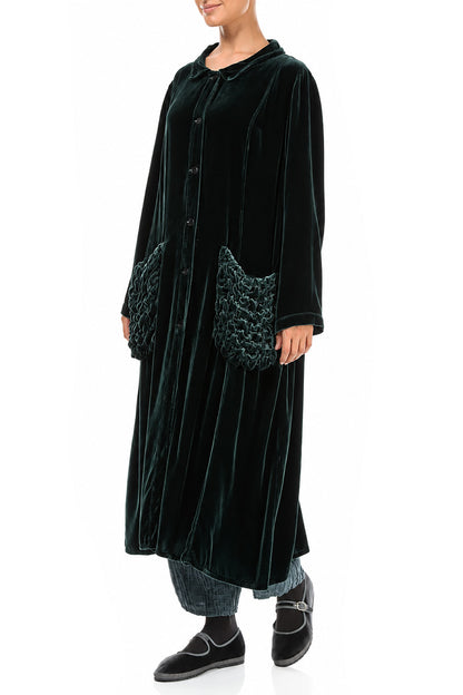 Ruched Pockets Deep Turquoise Silk Velvet Jacket - Coat