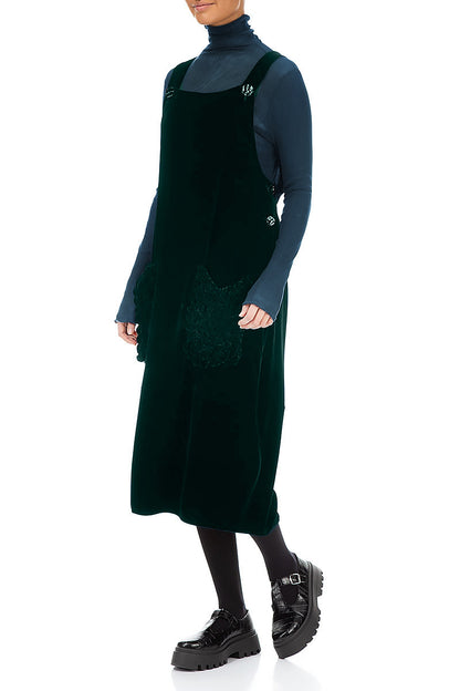 Ruched Pockets Emerald Silk Velvet Dungaree Dress