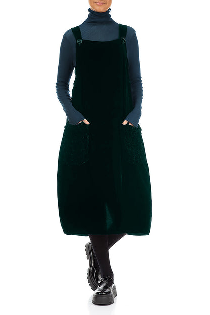 Ruched Pockets Emerald Silk Velvet Dungaree Dress