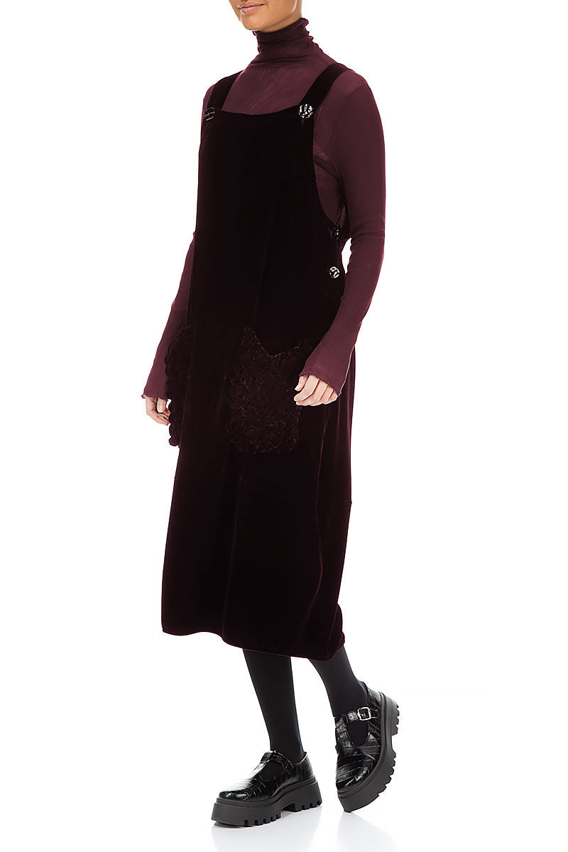 Ruched Pockets Merlot Silk Velvet Dungaree Dress