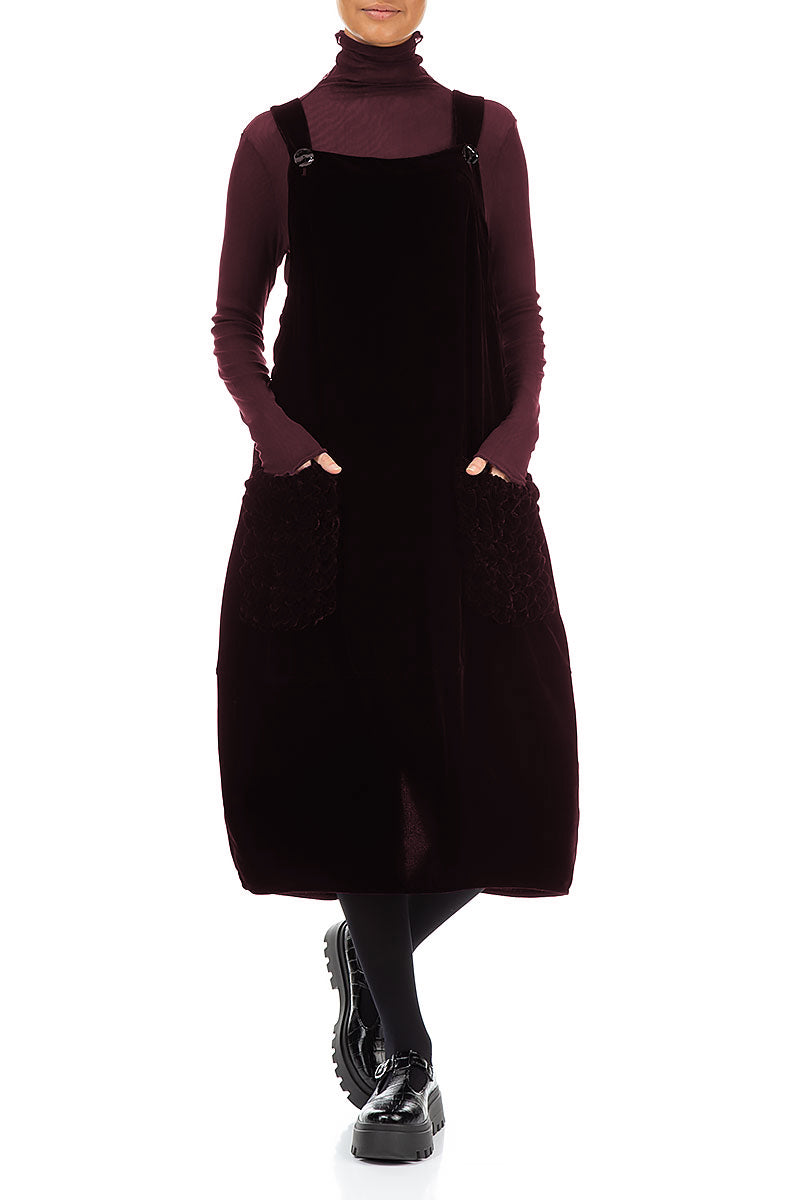 Ruched Pockets Merlot Silk Velvet Dungaree Dress