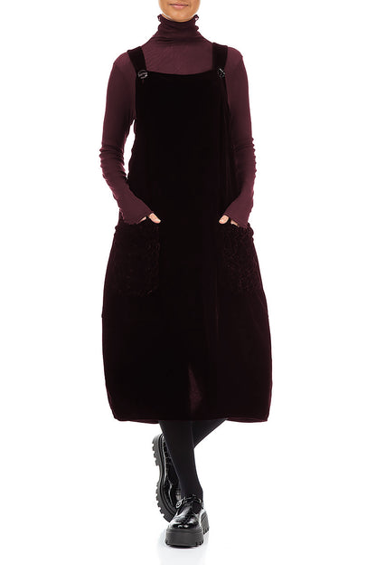 Ruched Pockets Merlot Silk Velvet Dungaree Dress