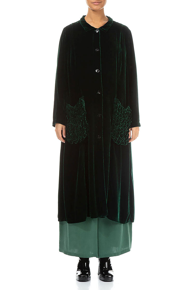 Ruched Pockets Pine Green Silk Velvet Jacket - Coat