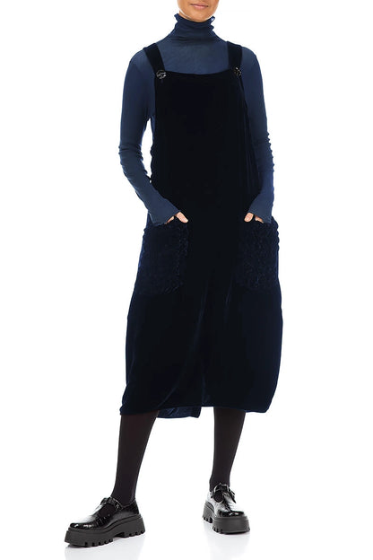 Ruched Pockets Royal Blue Silk Velvet Dungaree Dress 3