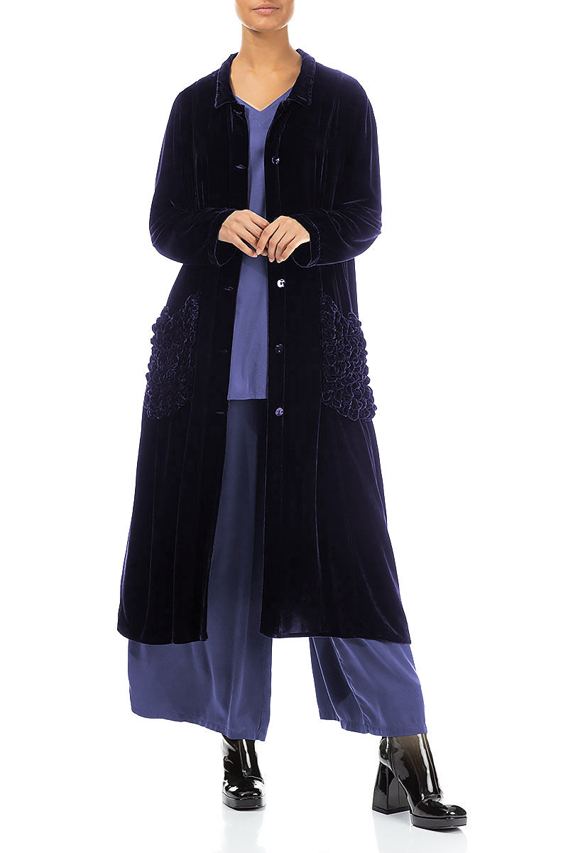 Ruched Pockets Royal Purple Silk Velvet Jacket - Coat 5