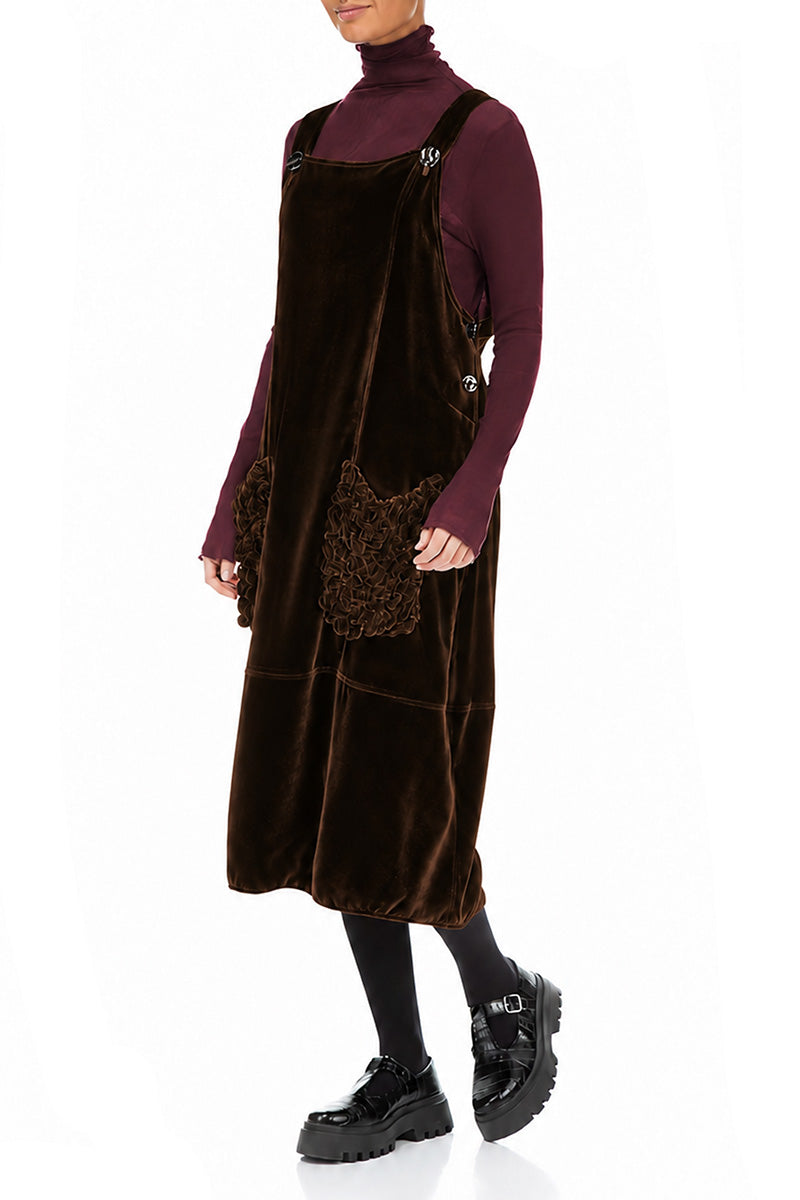 Ruched Pockets Truffle Brown Silk Velvet Dungaree Dress 3