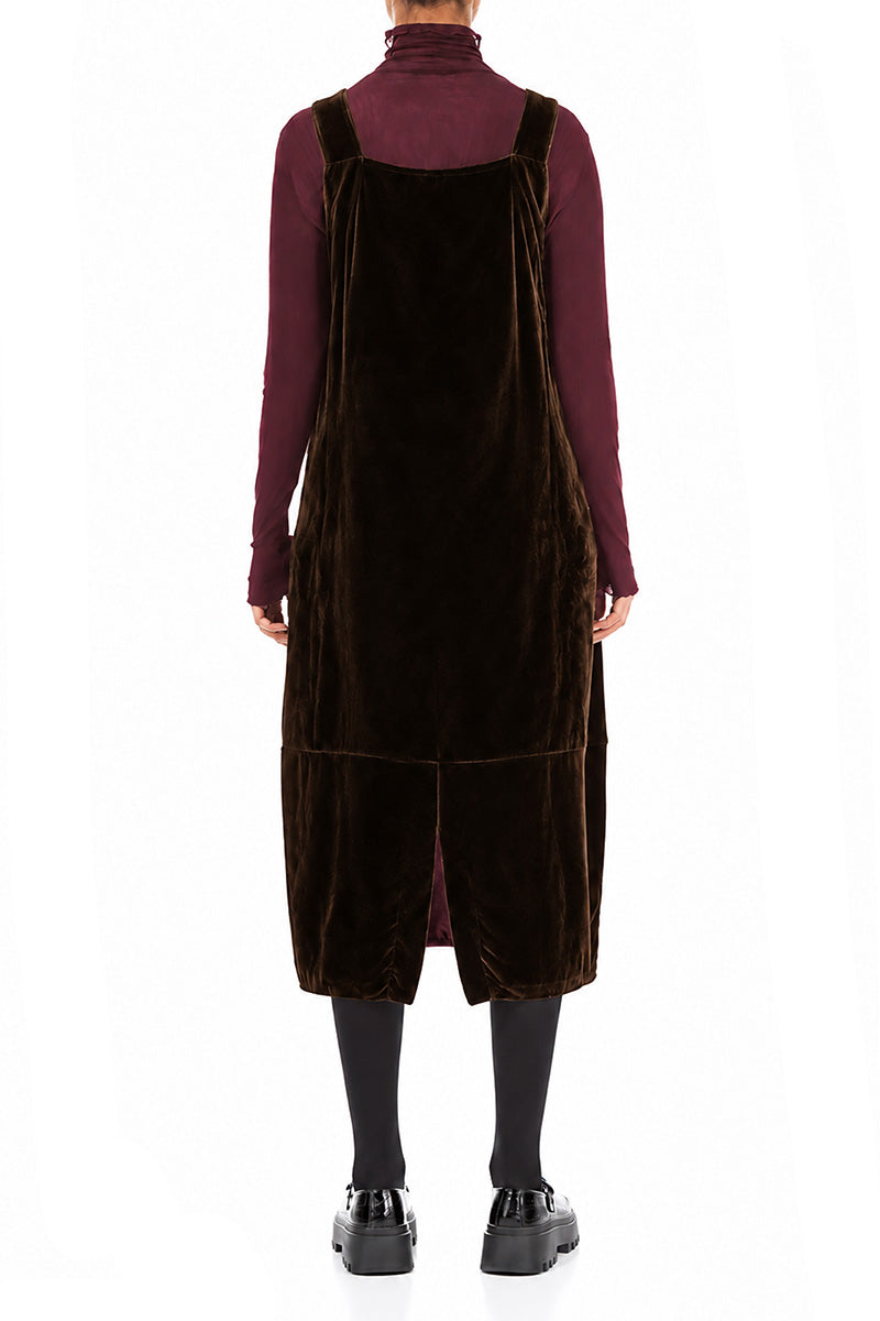 Ruched Pockets Truffle Brown Silk Velvet Dungaree Dress 2