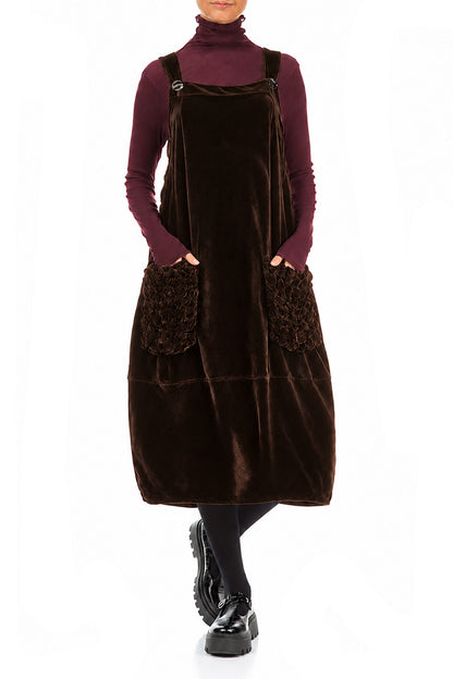 Ruched Pockets Truffle Brown Silk Velvet Dungaree Dress