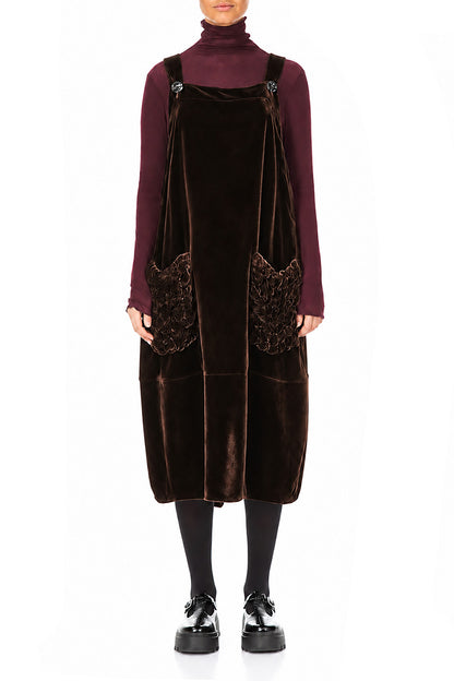 Ruched Pockets Truffle Brown Silk Velvet Dungaree Dress