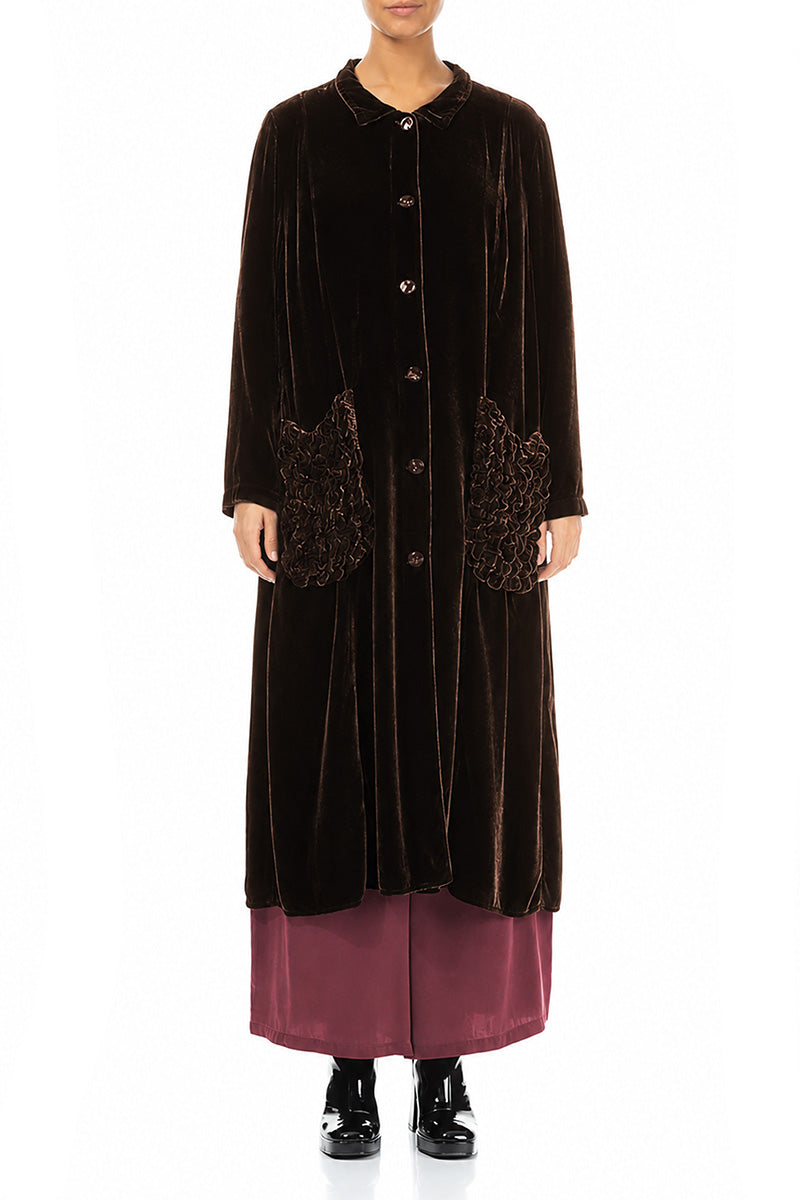 Ruched Pockets Truffle Brown Silk Velvet Jacket - Coat 1