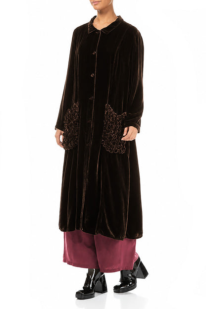 Ruched Pockets Truffle Brown Silk Velvet Jacket - Coat