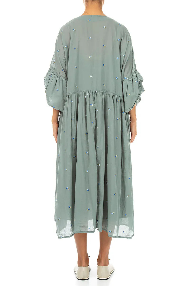 Ruffle Sleeve Sage Embroidered Petals Cotton Dress grizas.com Ruffle Sleeve Sage Embroidered Petals Cotton Dress grizas.com
