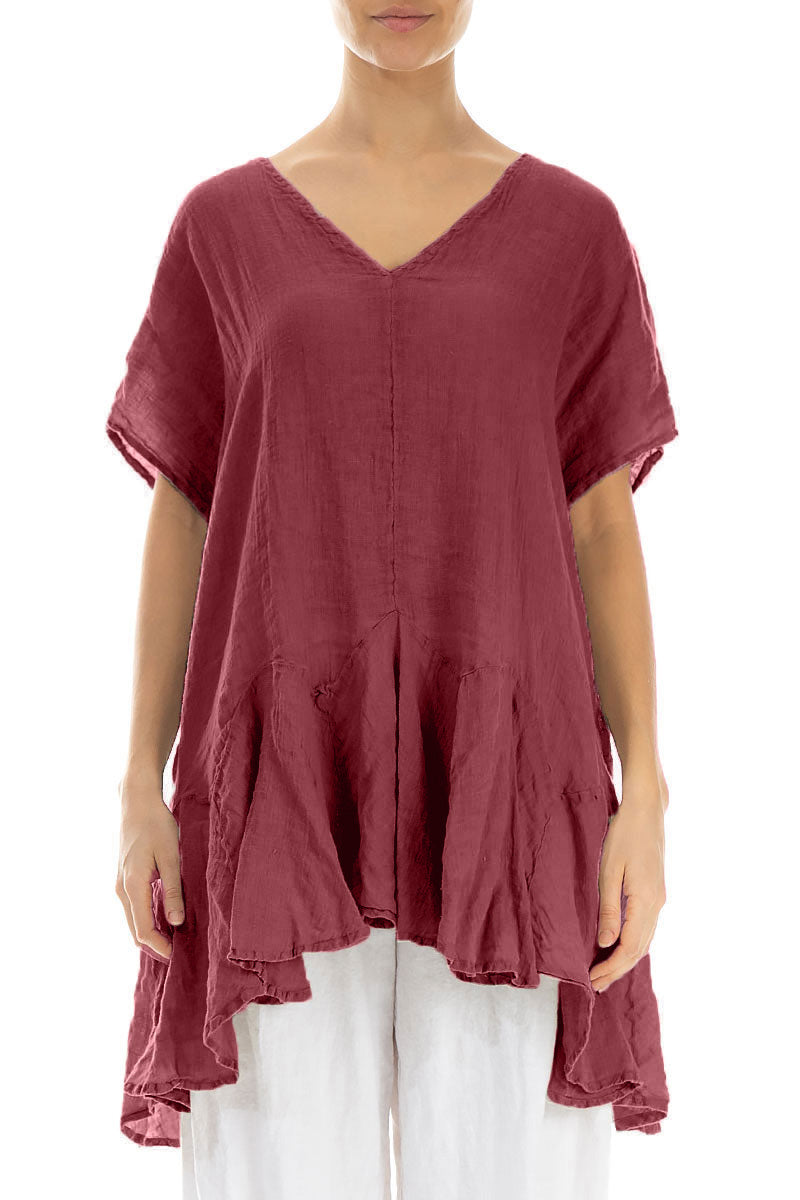 Ruffled Antique Ruby Gauze Linen Blouse