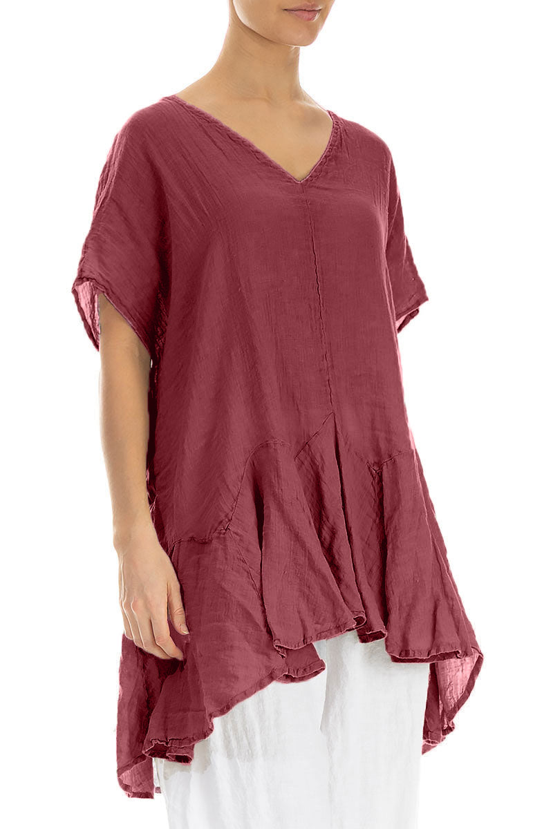 Ruffled Antique Ruby Gauze Linen Blouse 3