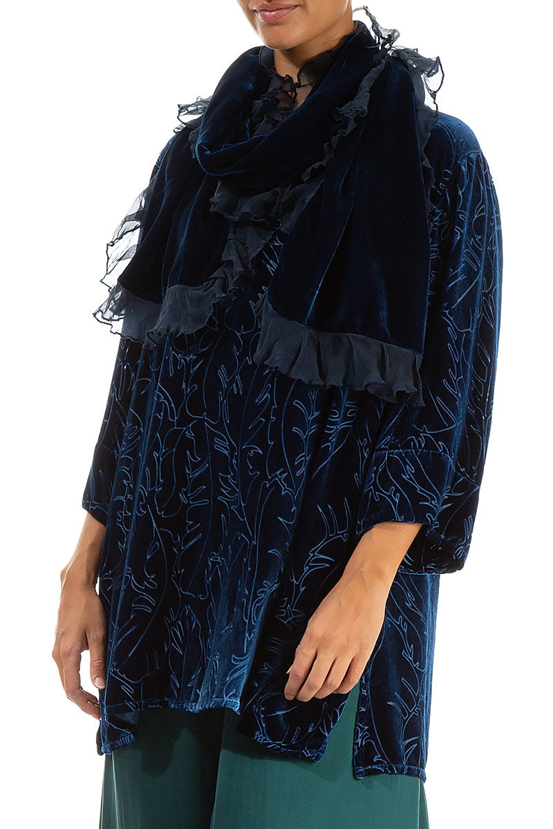 Ruffled Azure Silk Velvet Scarf