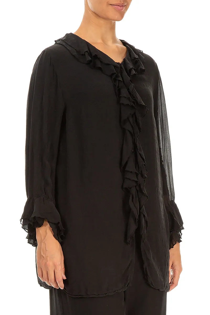 Ruffled Black Pure Silk Blouse 3