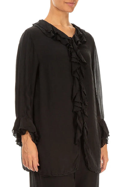 Ruffled Black Pure Silk Blouse 3