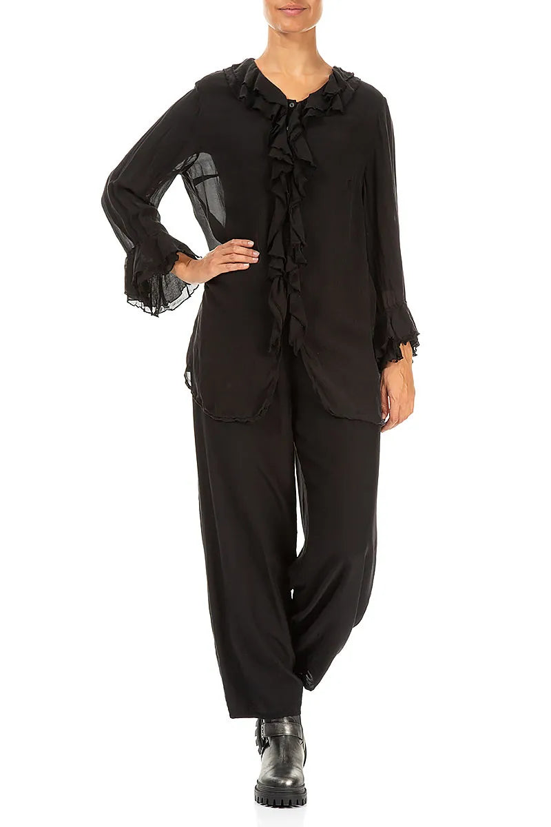 Ruffled Black Pure Silk Blouse 4
