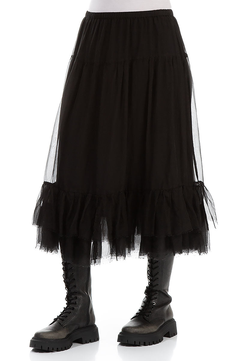 Ruffled Black Silk Chiffon Midi Skirt